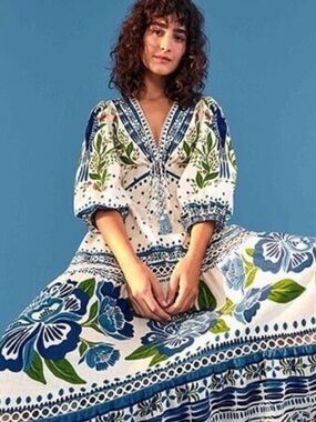 Farm Rio McCaw dress Boho Floral Maxi Dress in Blue and Green